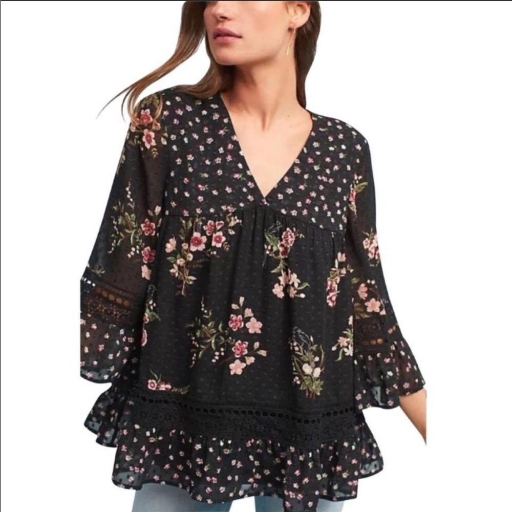 Anthropologie Maeve Steffy Bell Sleeve Black floral Blouse Top
